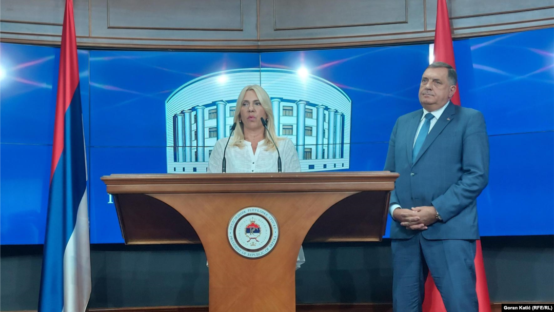 Željka Cvijanović i Milorad Dodik tokom konferencije za novinare, Banjaluka, BiH, avgust 2023.