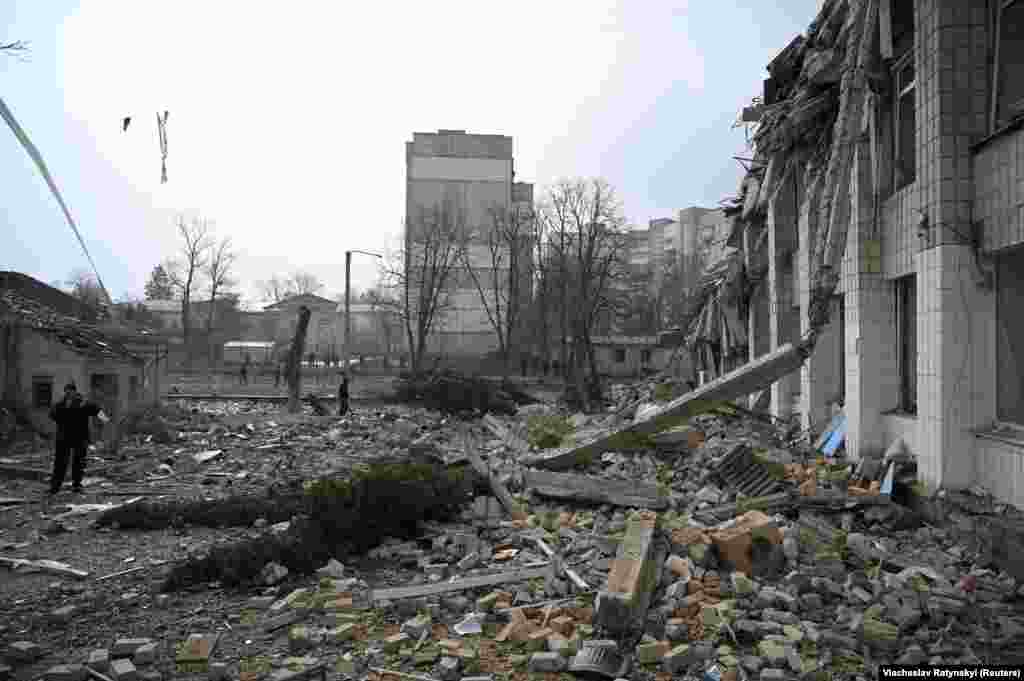 UKRAINE - A view shows a school building destroyed by shelling, as Russia's invasion of Ukraine continues, in Zhytomyr, Ukraine March 4, 2022
