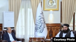 امیرخان متقی سرپرست وزارت خارجه حکومت طالبان (راست) با منصور احمد خان سفیر پاکستان در کابل در وزارت خارجه حکومت طالبان.