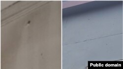 Armenia - Photographs released by the Defense Ministry show bullet holes on a building in Khnatsakh village, April 14, 2025.