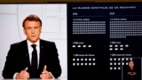 Prezident Emmanuel Makron 5-nji martda göni ýaýlymda halka ýüzlenýär we ekranda Russiýanyň harby güýçleriniň kuwwaty grafiki görnüşde görkezilýär.