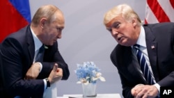 Президент Дональд Трамп (справа) встречается с президентом России Владимиром Путиным на саммите «Большой двадцатки» в Гамбурге, 7 июля 2017 года