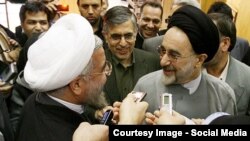 در تصویر: دیدار روحانی و خاتمی در پی انتخابات ریاست‌جمهوری در سال ۱۳۹۲ 